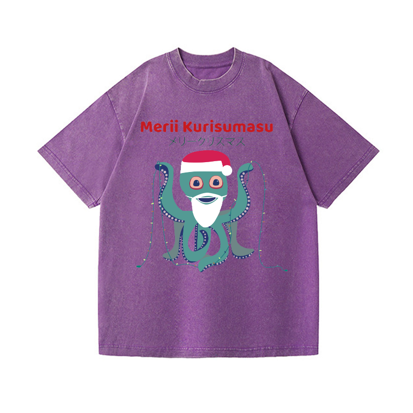 Christmas Octopus Vintage Wash Japanese Design T-Shirt