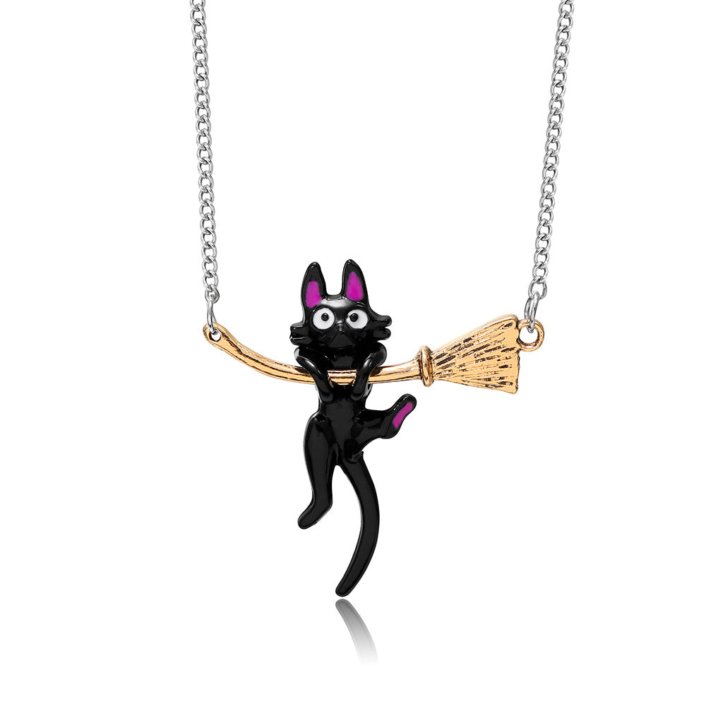 Black Cat Broom Necklace