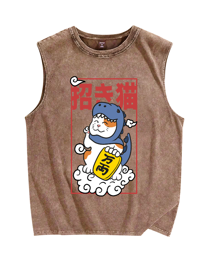 Japan Lucky cat Vintage Distressed Washed Tank Top
