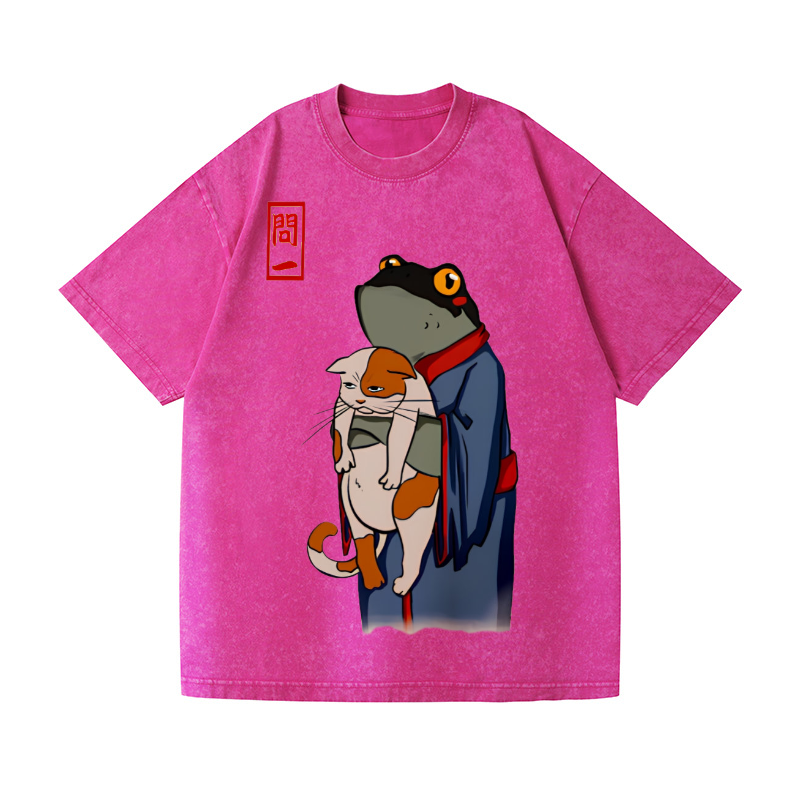 Frog and Cat Vintage Wash Japanese Design T-Shirt