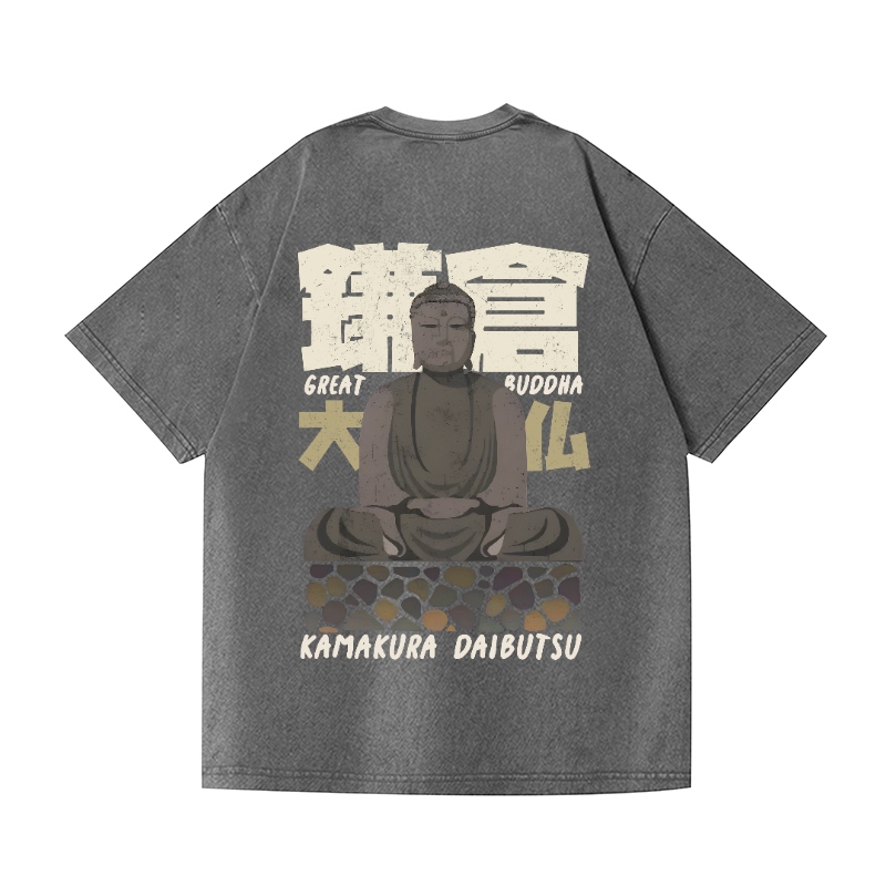 Kamakura Daibutsu Great Buddha Vintage Wash Japanese Design Back Art T-Shirt