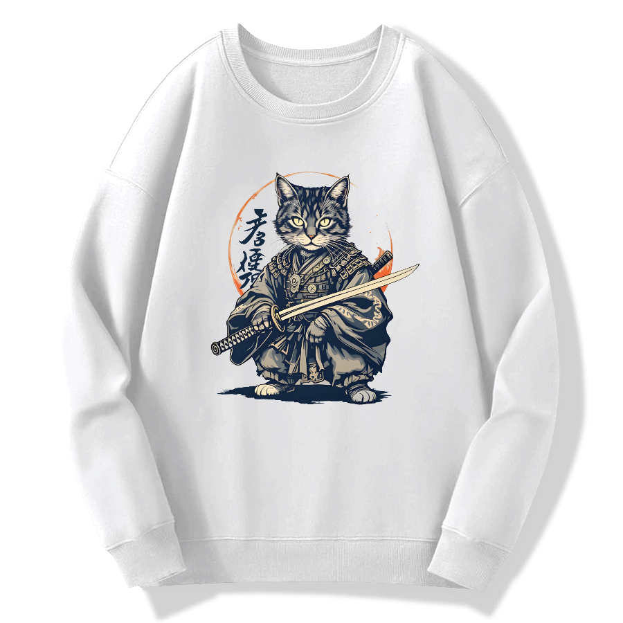 Samurai Cat Retro Ukiyo-e Painting Cotton Pullover Sweatshirt