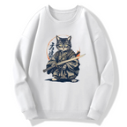 Samurai Cat Retro Ukiyo-e Painting Cotton Pullover Sweatshirt