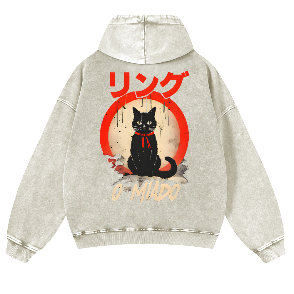 Black Cat Vintage Washed Cotton Back Art Hoodie