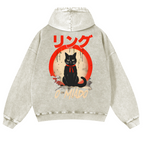 Black Cat Vintage Washed Cotton Back Art Hoodie