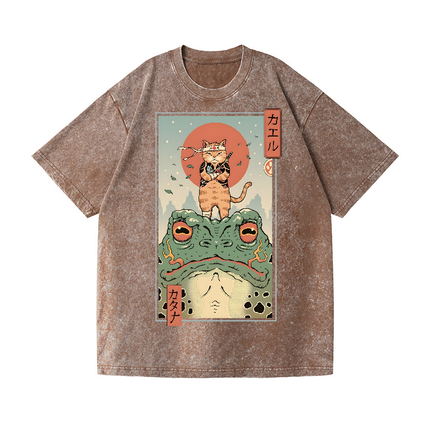 Ninja Cat and Frog Vintage Wash Japanese Design T-Shirt