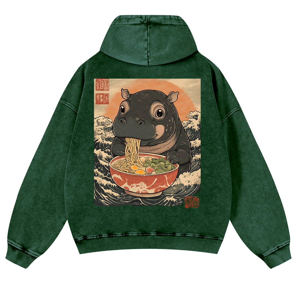 Hippo Ramen Ukiyoe Vintage Washed Cotton Back Art Hoodie