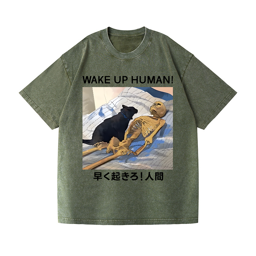 Cat Wake Up Human Vintage Wash Japanese Design T-Shirt