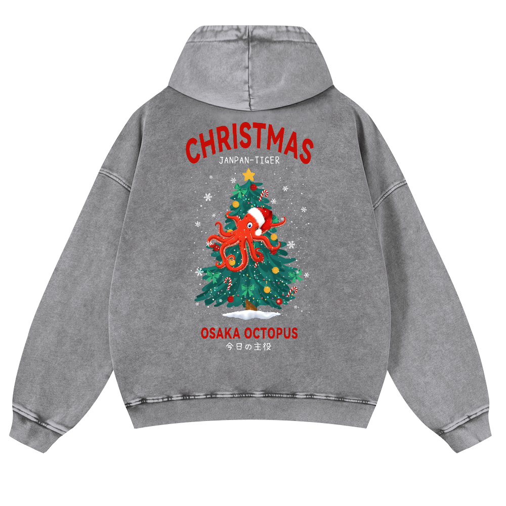 Christmas Osaka Octopus Vintage Washed Cotton Back Art Hoodie