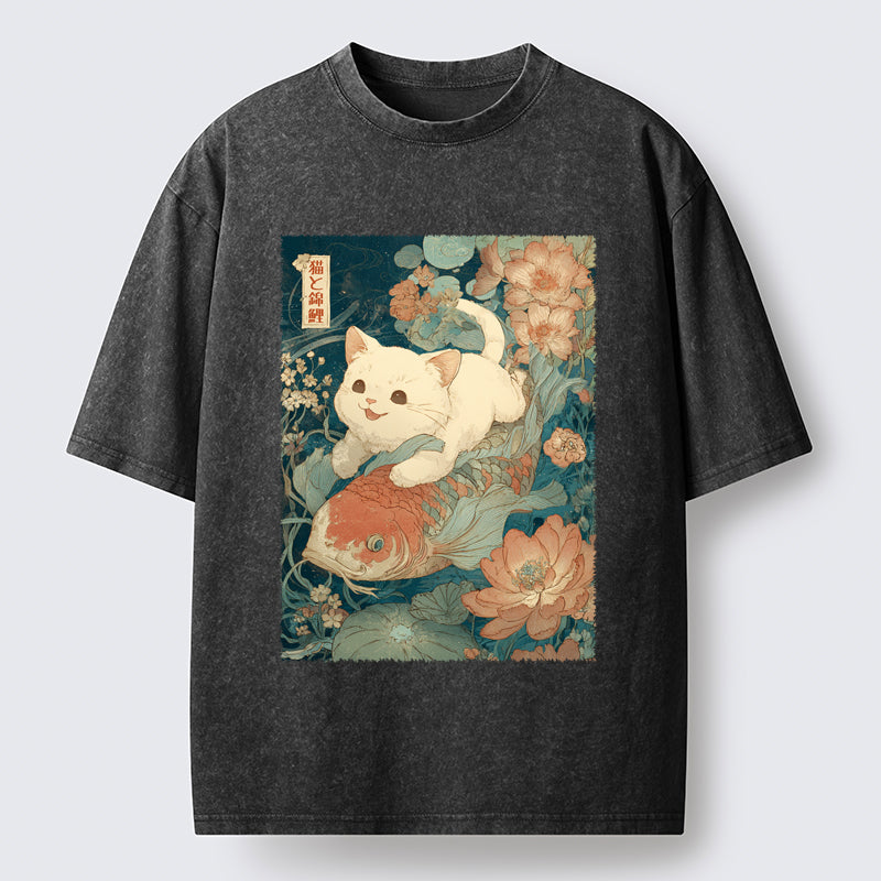 Unisex Cat And Koi Washed T-Shirt