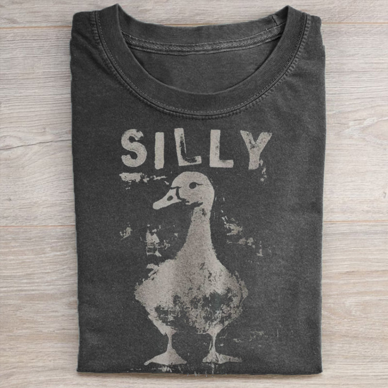 Unisex Vintage Silly Goose Printed Washed Folded T-shirt