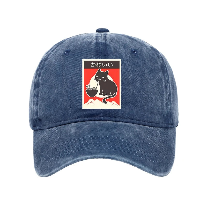 "Kawaii" Vintage Style Japenese Ramen Cat Washed Cap