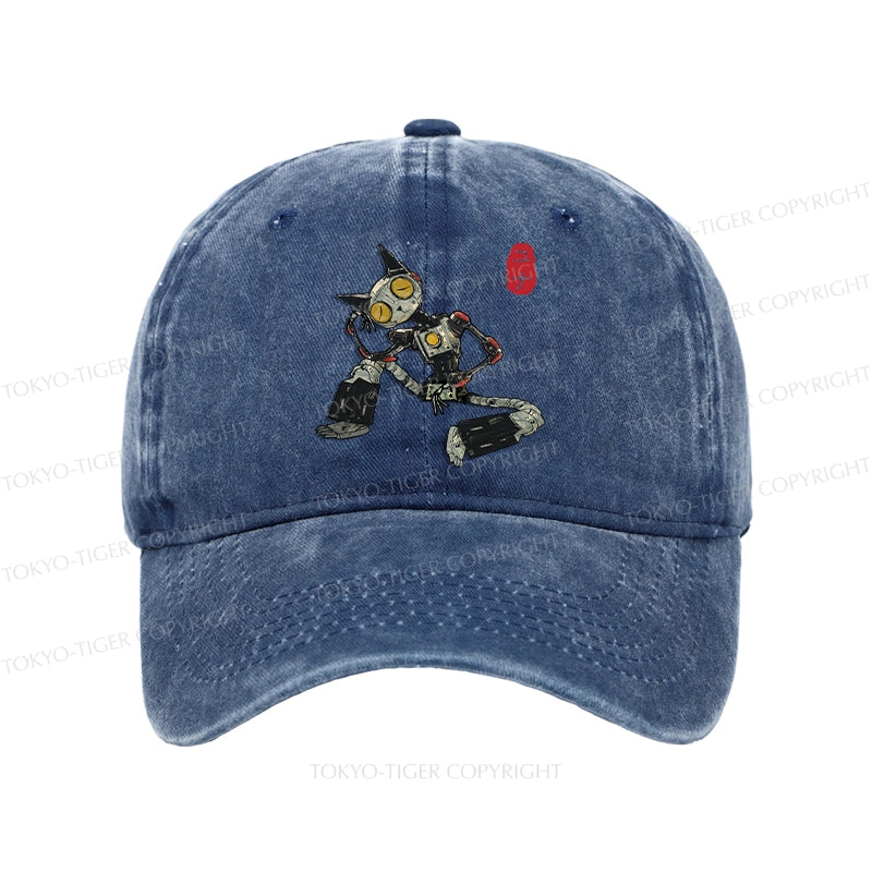 Contemplative Robot Cat Washed Cap