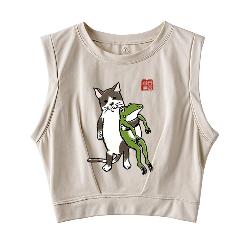 Cat Holding A Frog Sleeveless Crop Top