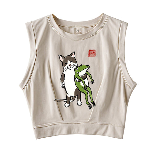 Cat Holding A Frog Sleeveless Crop Top
