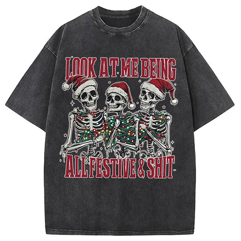 Funny Christmas Skull Washed T-Shirt