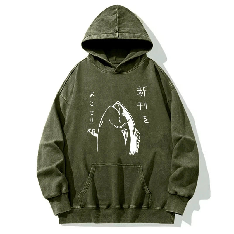 Japanese Fish Hold Up White Washed Hoodie