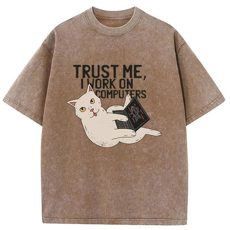 Cat At Work Washed T-Shirt
