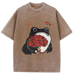 Romantic Frog Holding Roses Washed T-Shirt