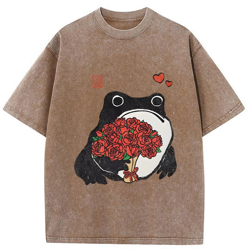 Romantic Frog Holding Roses Washed T-Shirt
