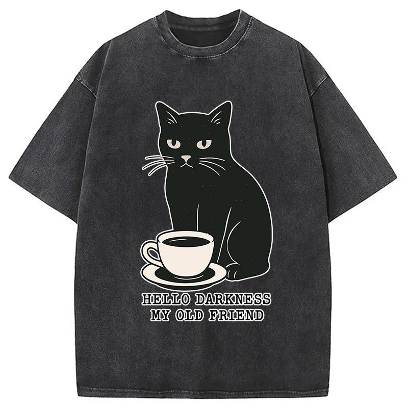 Black Cat Drinking Coffee Washed T-Shirt