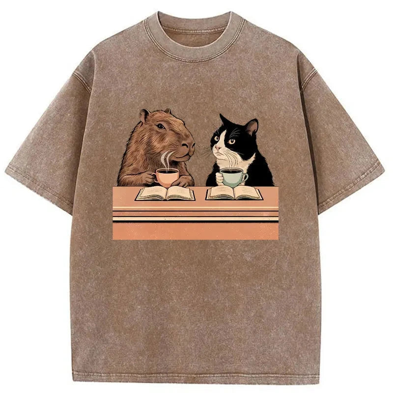 Capybara And Cat Talk Washed T-Shirt