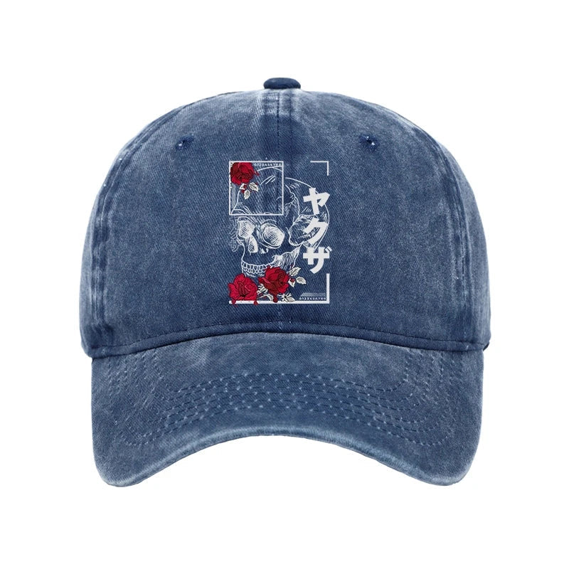 Skull Roses Japanese Aesthetic Washed Cap
