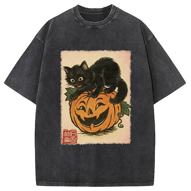 Black Cat And Pumpkin Washed T-Shirt