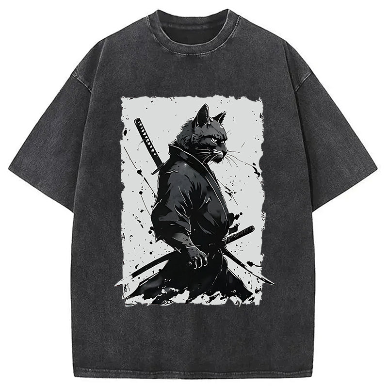 Handsome Samurai Cat Washed T-Shirt
