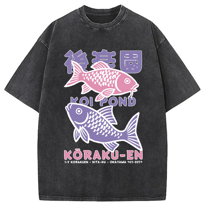 Koi Fish Pond Japanese Washed T-Shirt
