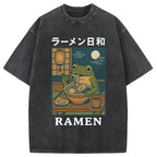 Japanese Frog Eating Ramen Washed T-Shirt