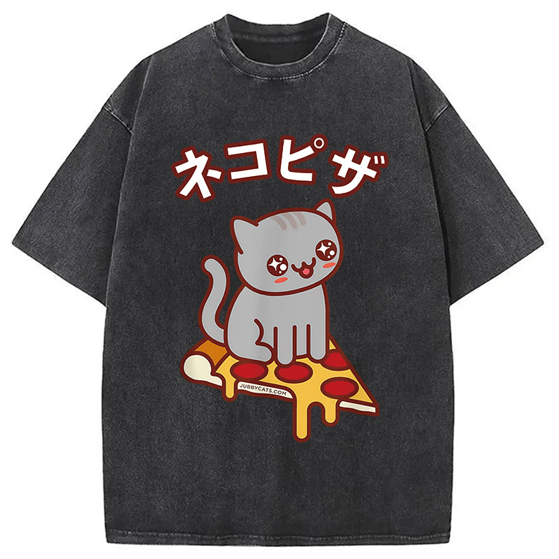 Super Kawaii Japanese Pizza Cat Washed T-Shirt