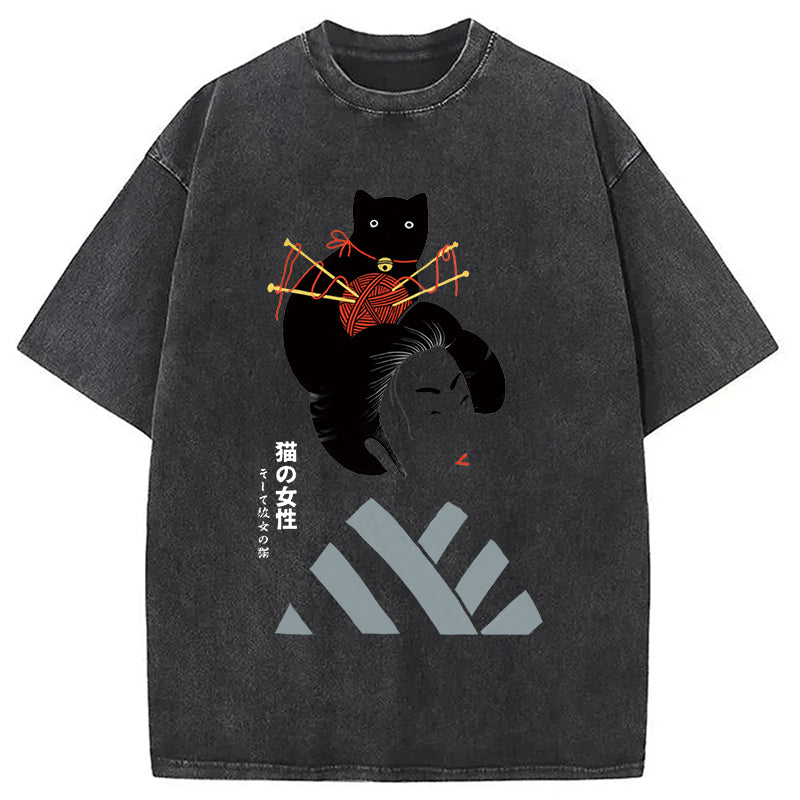 Geisha And Cat Washed T-Shirt