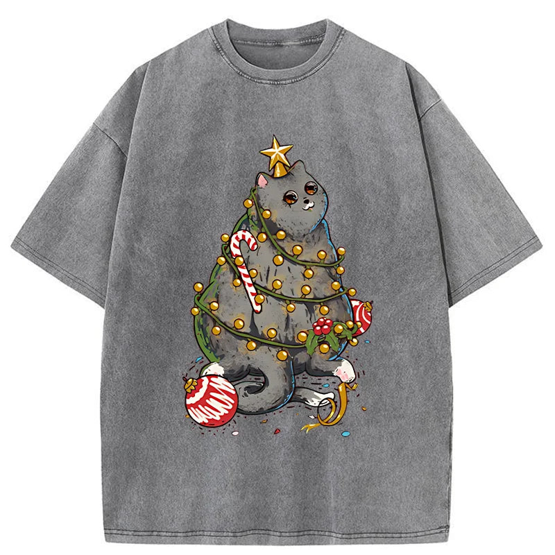Unisex Christmas Decoration Cat Washed T-Shirt