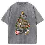 Unisex Christmas Decoration Cat Washed T-Shirt