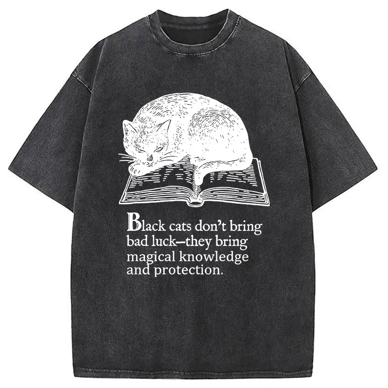 Black Cat Sleeping On A Book Washed T-Shirt