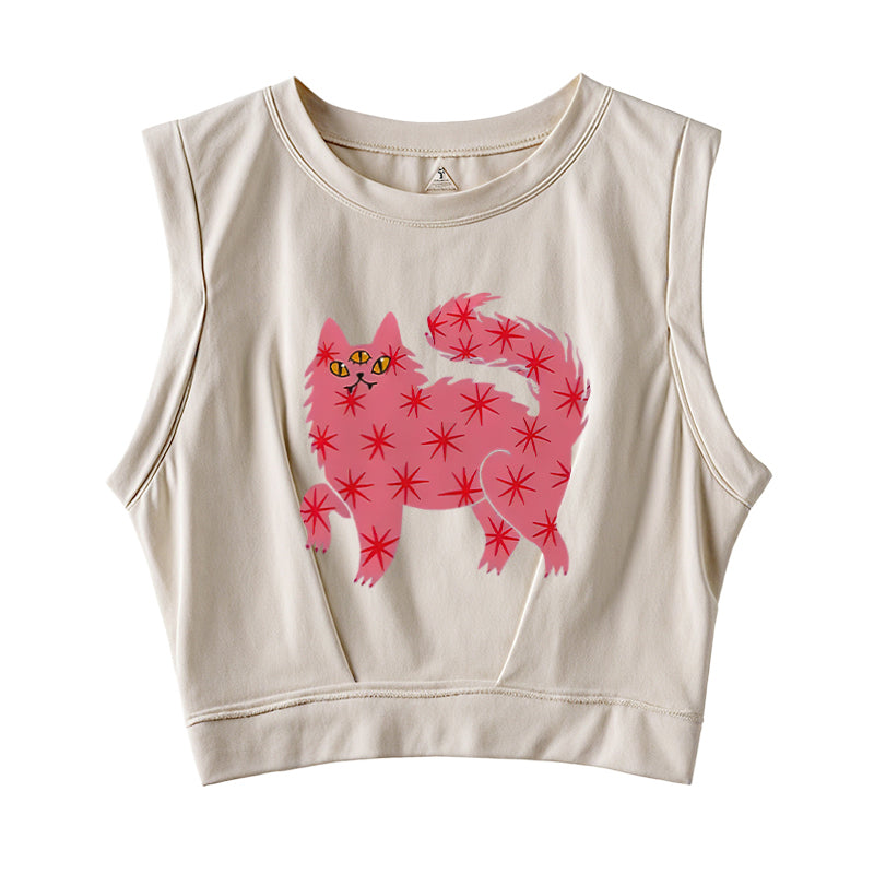 Three Eyes Pink Cat Sleeveless Crop Top