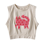 Three Eyes Pink Cat Sleeveless Crop Top