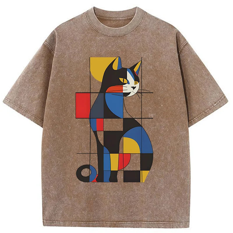 Unisex Mondrian Cat Washed T-Shirt