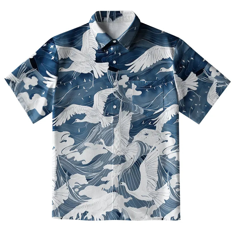 Graceful Cranes On Waves Button-up Shirt