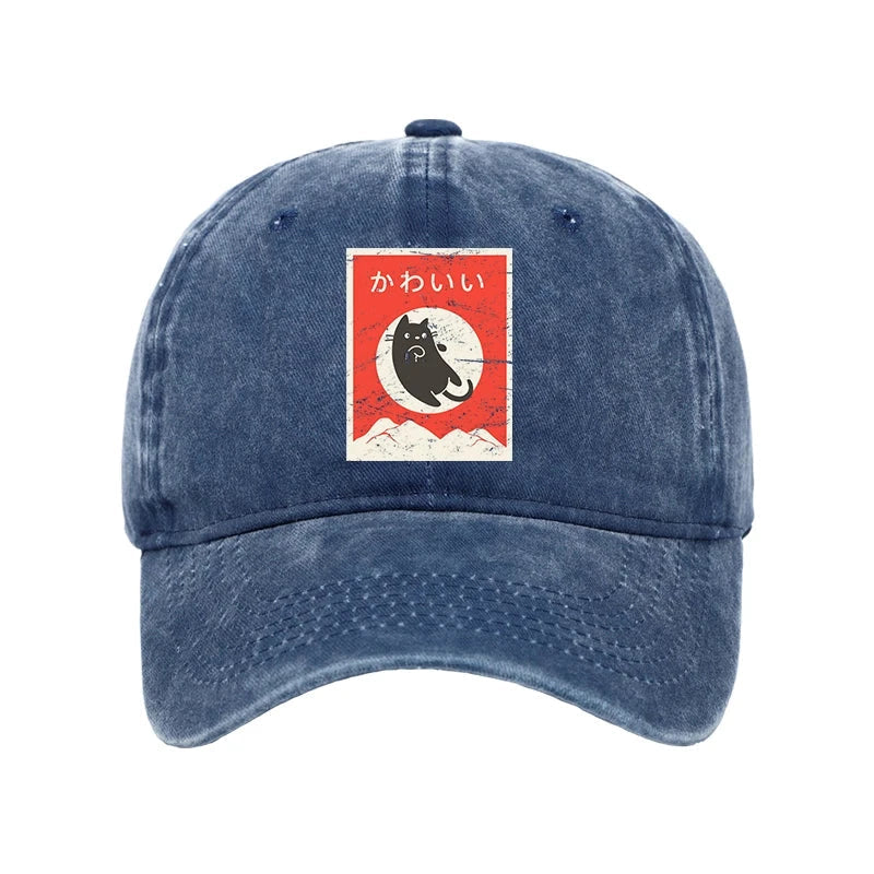 Cute Black Cat Japanese Washed Cap