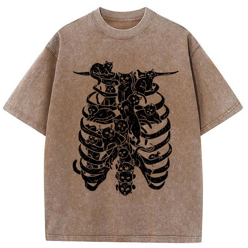 Cat Lying On The Skeleton Washed T-Shirt
