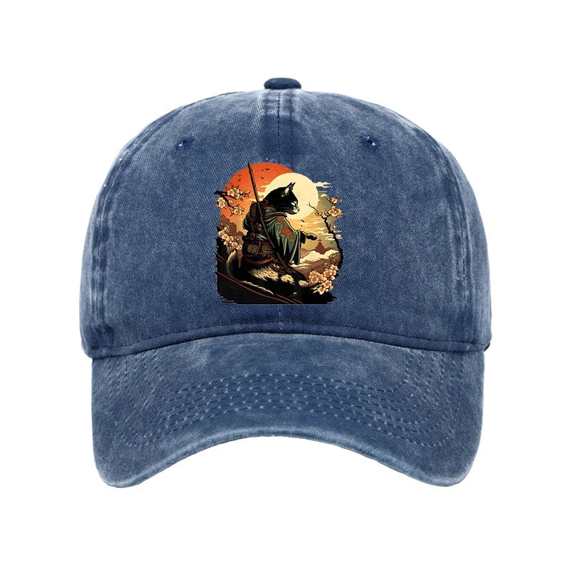 Cat Ninja Ukiyo-e Anime Style Samurai Washed Cap