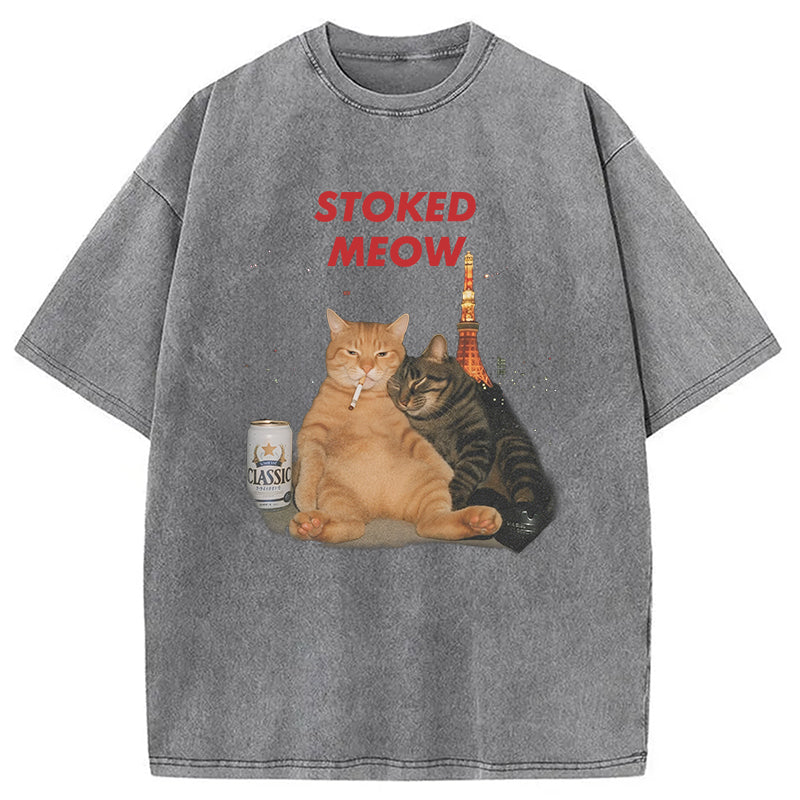 Stoked Meow Smoking Cat Washed T-Shirt