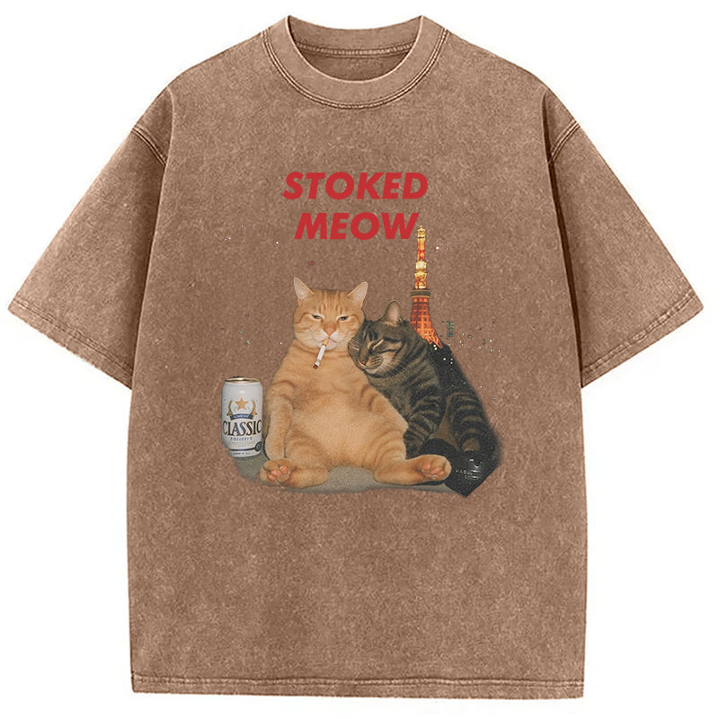 Stoked Meow Smoking Cat Washed T-Shirt