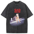 Sad Meow Smoking Cat Washed T-Shirt