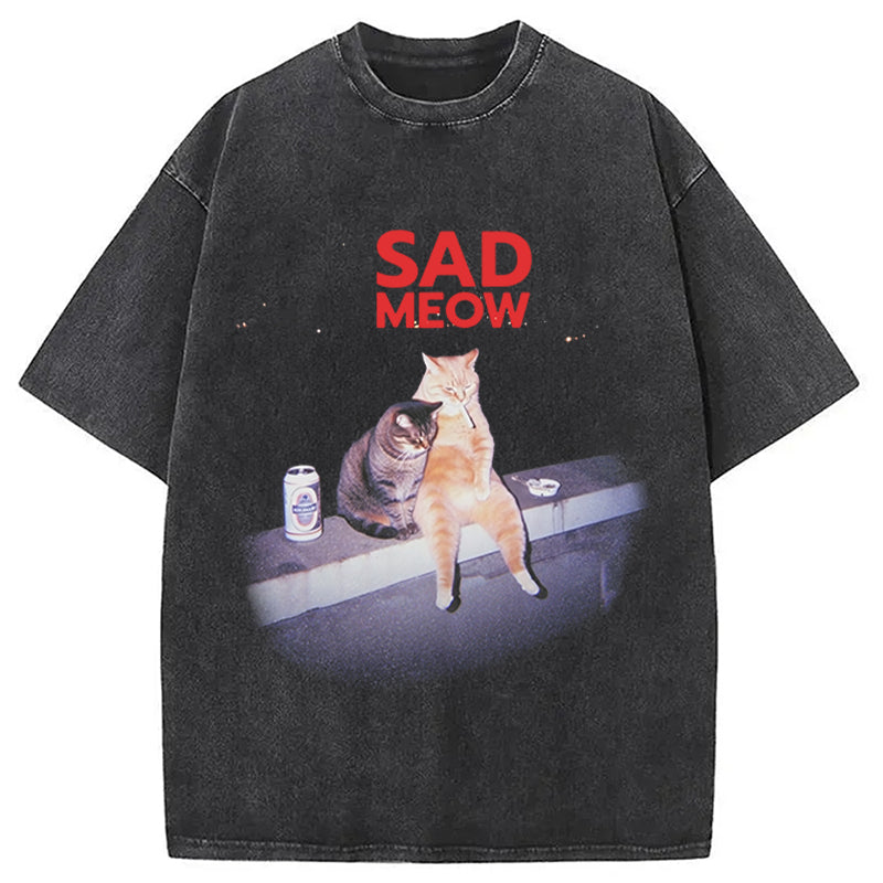 Sad Meow Smoking Cat Washed T-Shirt