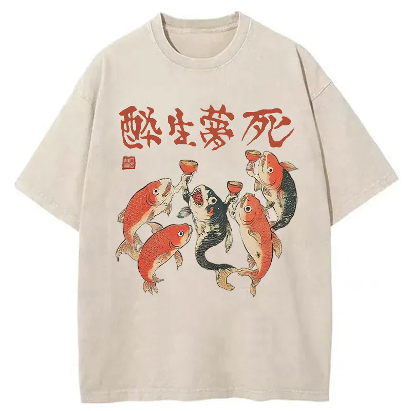 Funny Fish Drink Together Washed T-Shirt