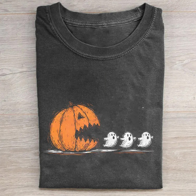 Halloween Pumpkin Chasing Ghos Folded Washed T-shirt