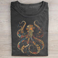 Unisex Octopus Flower Printed Washed Folded T-shirt